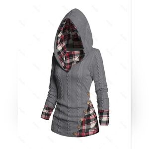Twisted Cable Knit Plaid Print Hooded Sweater Mock Button Ruched Shawl Neck Swea